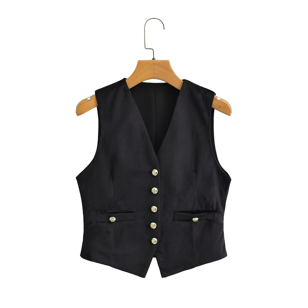 Women Clothing French Black Velvet V Neck Vest Jacket