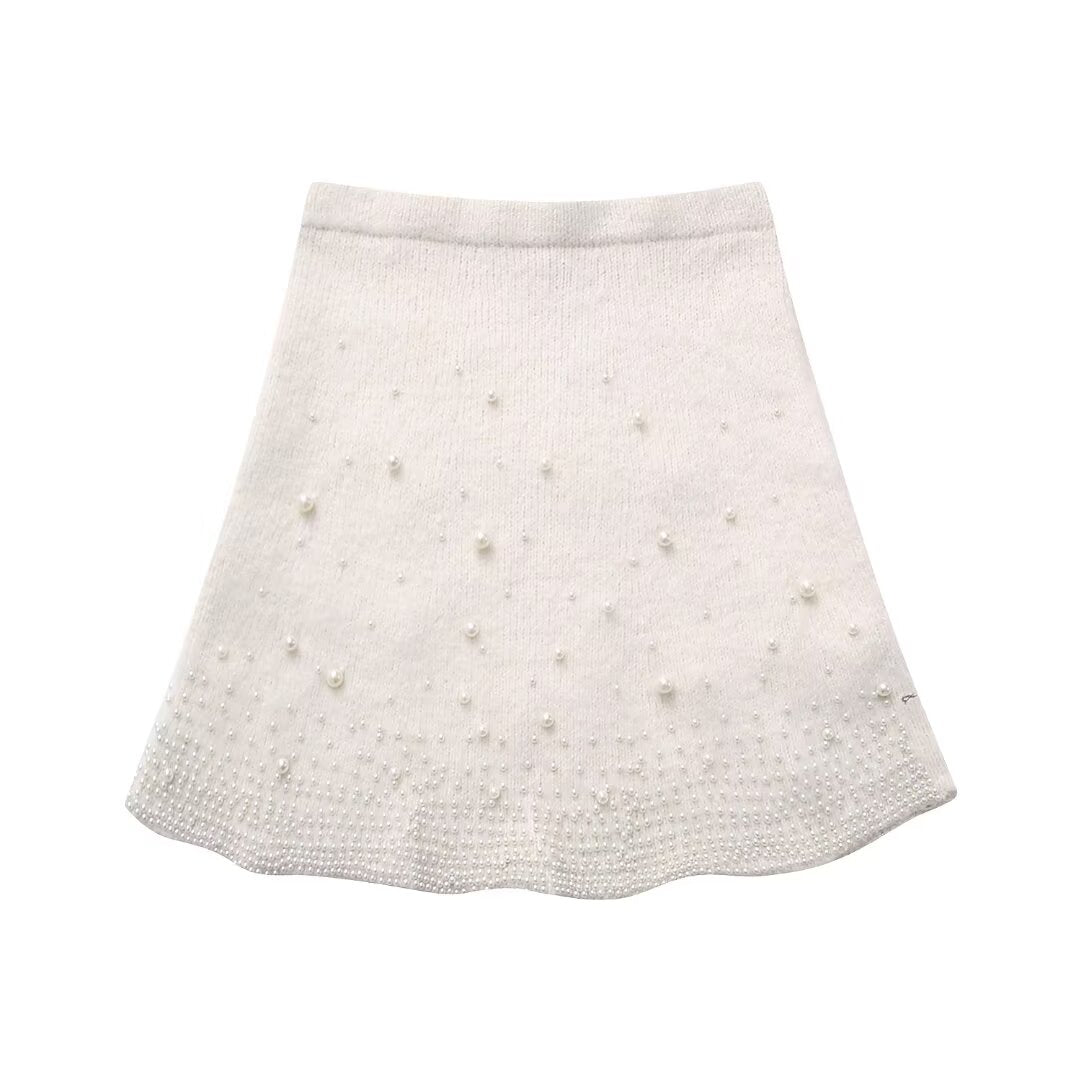 Winter Women Clothing Decorated Pearls Knitwear Mini Skirt