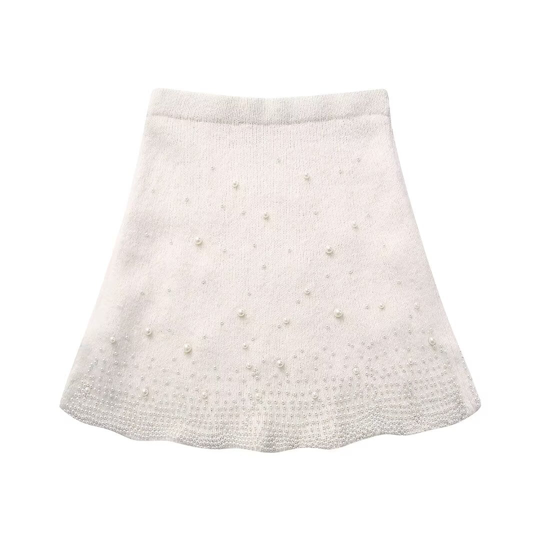 Winter Women Clothing Decorated Pearls Knitwear Mini Skirt