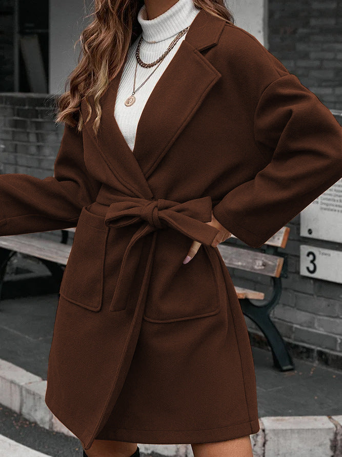 Autumn Winter Simplicity Long Sleeve Collared Button Split Belt Coat Women