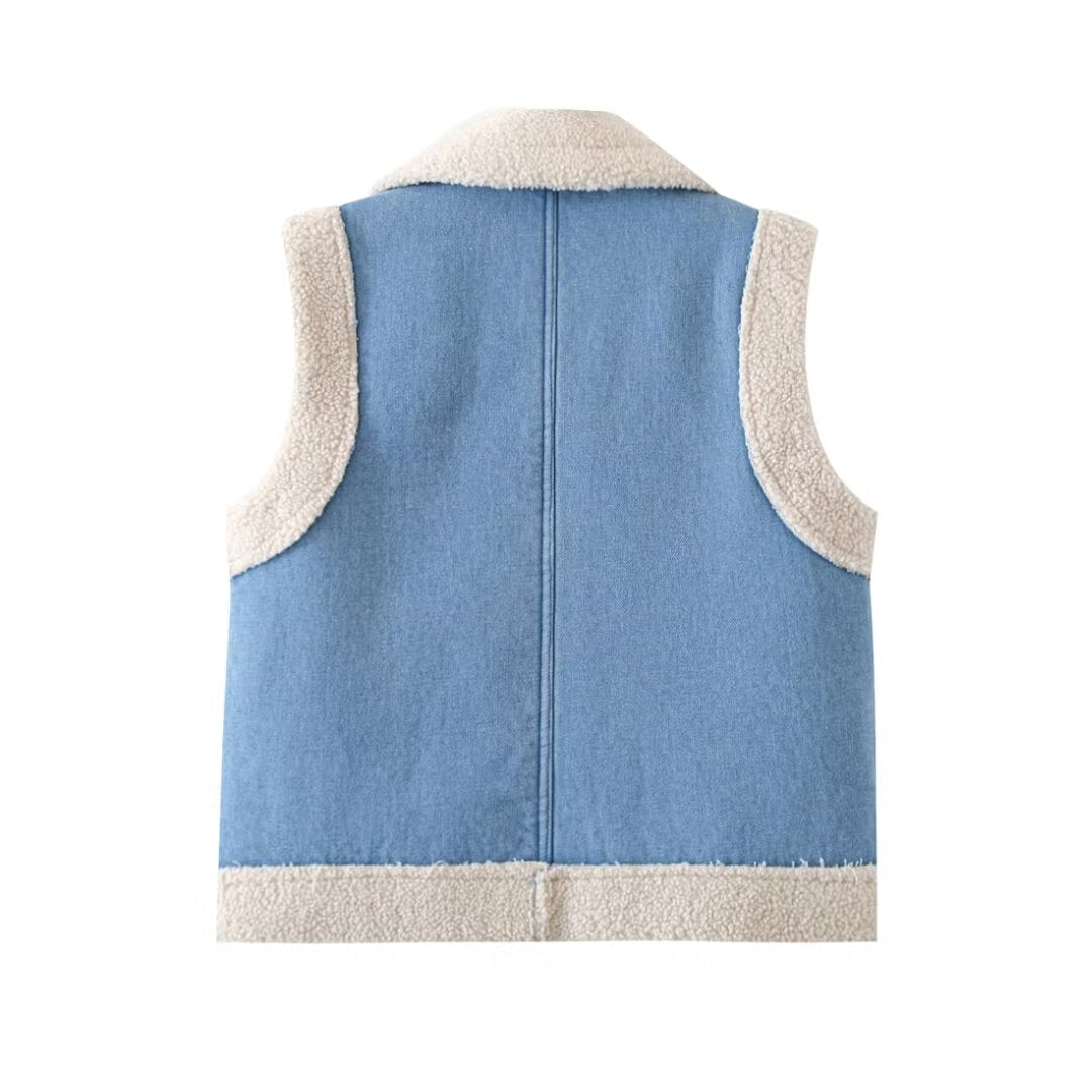 Retro Fleece Lamb Wool Denim Double Sided Vest Autumn Winter Pocket Decoration Loose Warm Casual Vest
