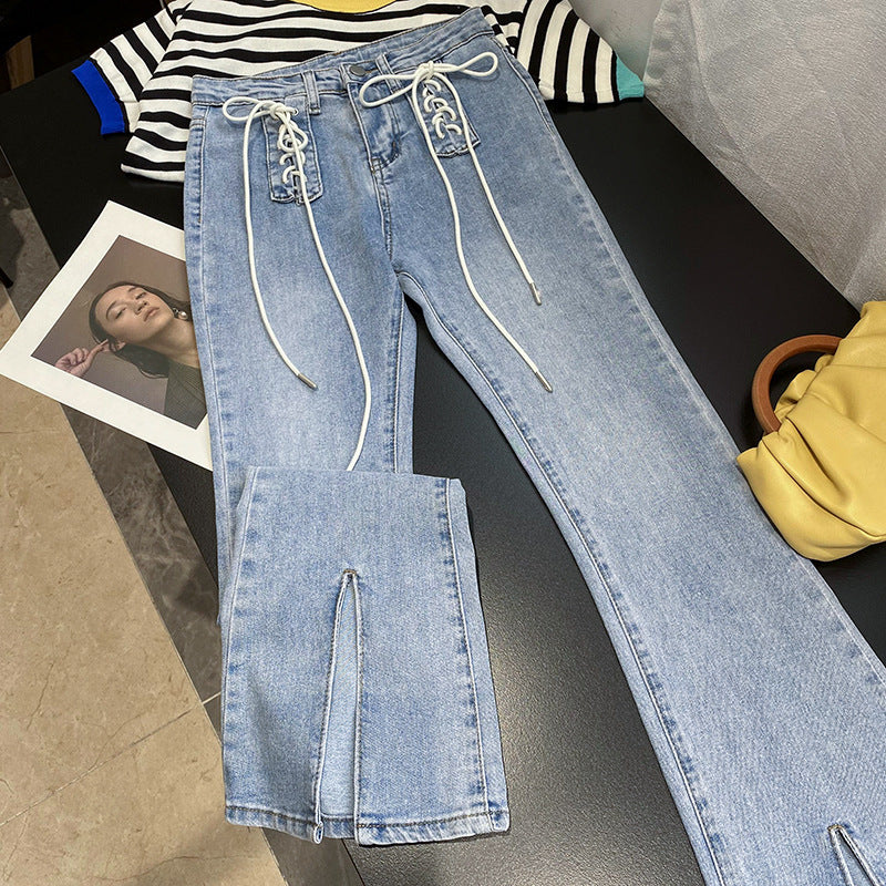 Women Clothing Street All Match Hip Hop Trousers Split Lace Up Design Jeans