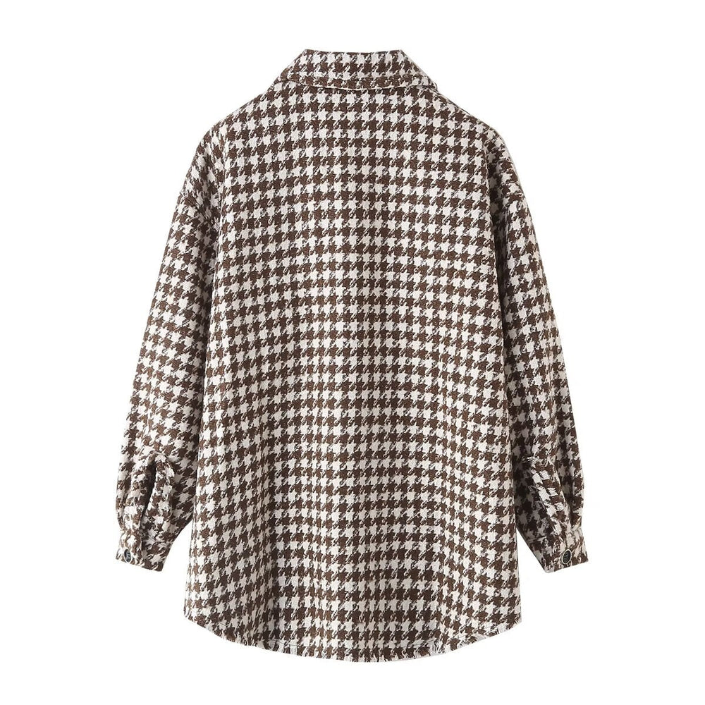 Autumn Casual Loose Burrs Large Shirt Houndstooth Collared Long Sleeved Woolen Coat
