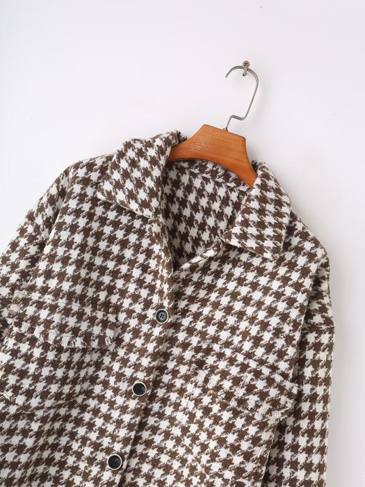 Autumn Casual Loose Burrs Large Shirt Houndstooth Collared Long Sleeved Woolen Coat