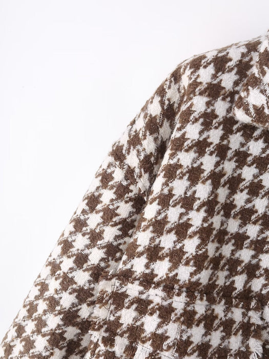 Autumn Casual Loose Burrs Large Shirt Houndstooth Collared Long Sleeved Woolen Coat