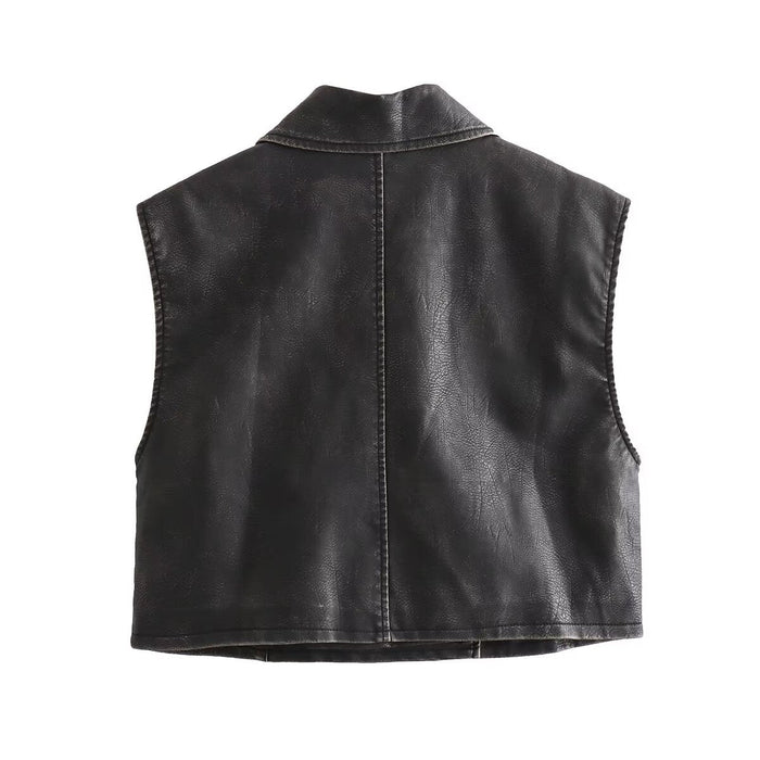 Street Air Outlet Pocket Decoration Faux Leather Collared Vest Autumn Winter Oblique Placket Zipper Short Casual Vest