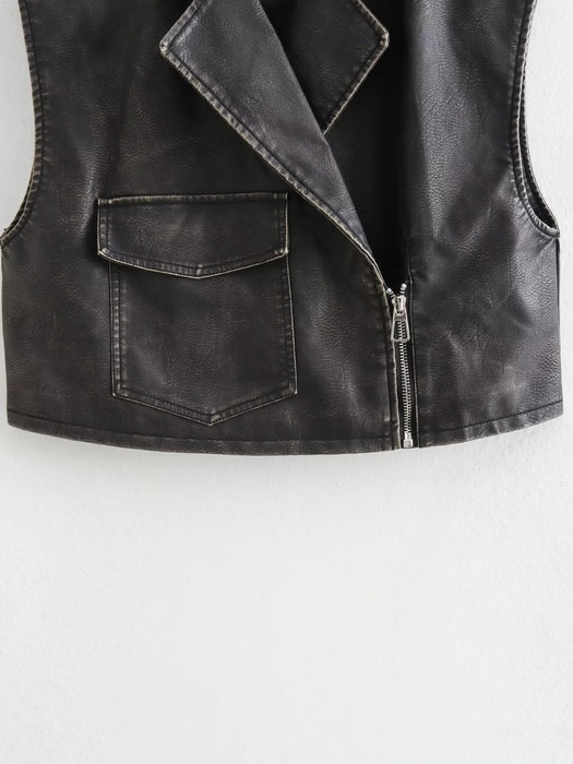 Street Air Outlet Pocket Decoration Faux Leather Collared Vest Autumn Winter Oblique Placket Zipper Short Casual Vest