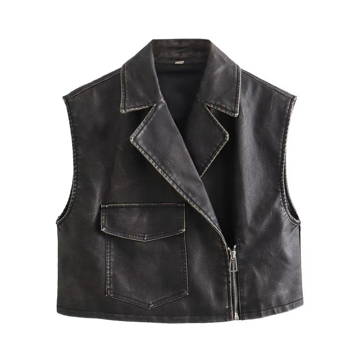 Street Air Outlet Pocket Decoration Faux Leather Collared Vest Autumn Winter Oblique Placket Zipper Short Casual Vest