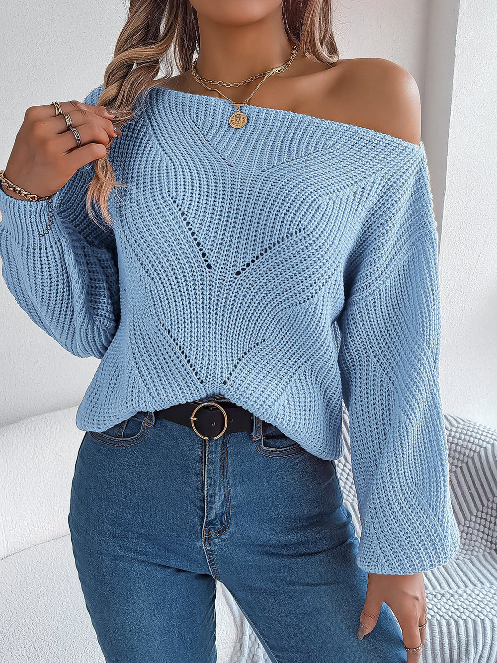 Autumn Winter Casual Hollow Out Cutout out off Neck off the Shoulder Lantern Sleeve Sweater Women Clothing