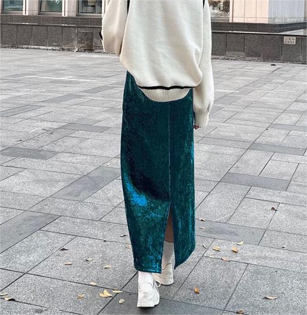 Gold Velvet Skirt Winter Fleece Lined Thickened Split Dress Straight Slimming Sheath High Waist A Line Skirt Women