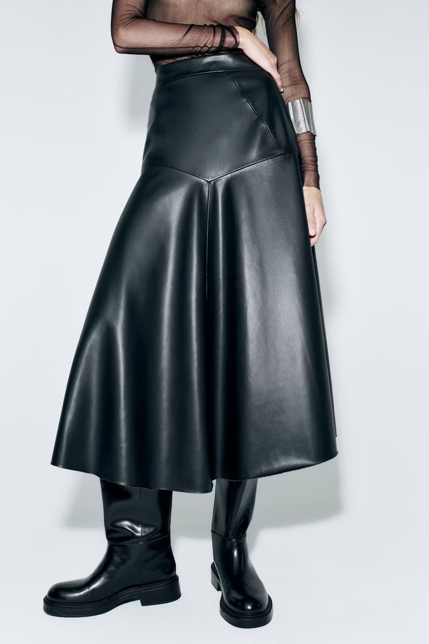Winter Women Clothing Fashionable All-Match Leather Effect Midi Dress