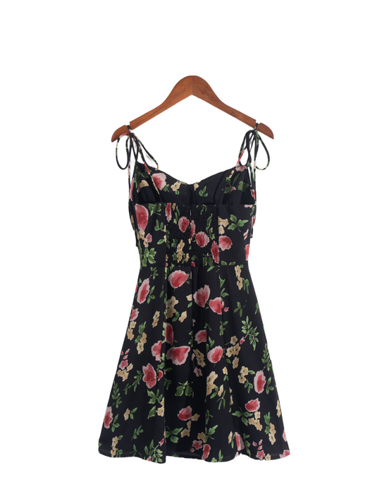 【MOQ-5 packs】 French Floral Print Wooden Ear Sexy V Neck Strap Dress Women Blogger Cinched Short Dress