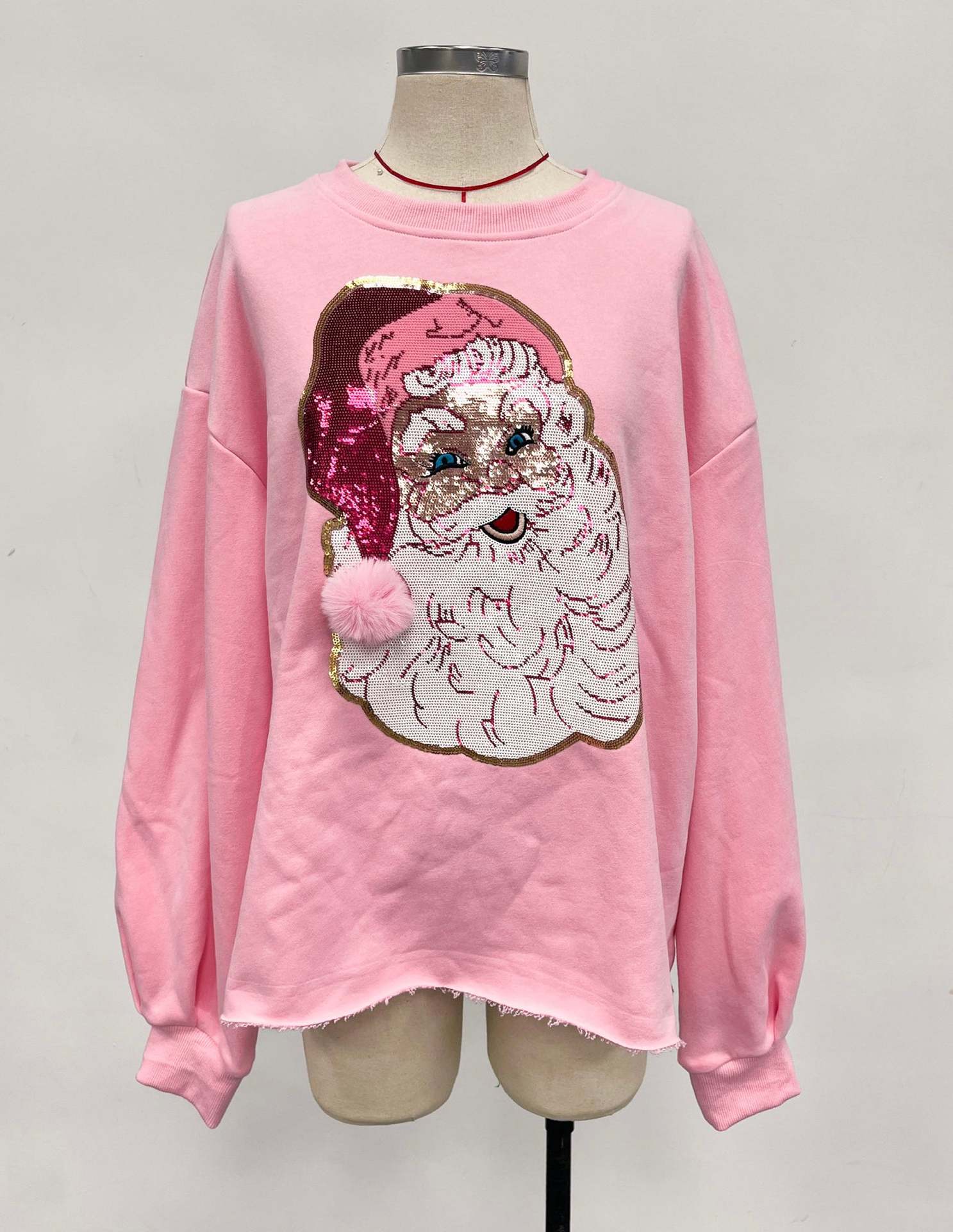 Ladies Christmas Santa Claus Sequined Embroidered Cotton Loose Casual Pullover