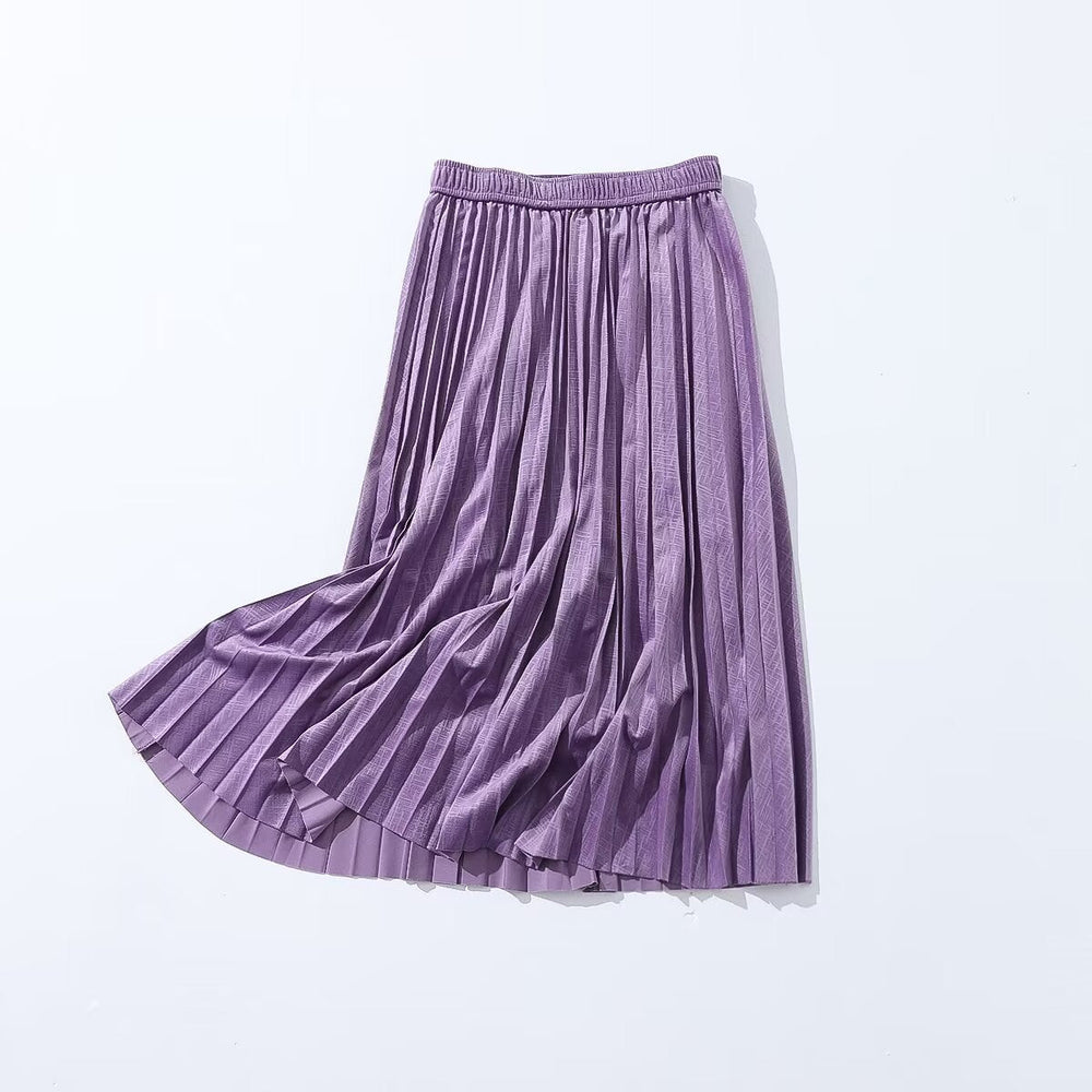 Autumn Wild Elastic Waist Solid Color Pleated Mid Length Velvet Pleated Skirt for Women