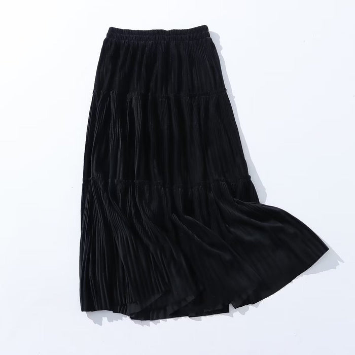 Autumn Mid Length Elastic Waist Skirt Women Velvet Patchwork Skirt