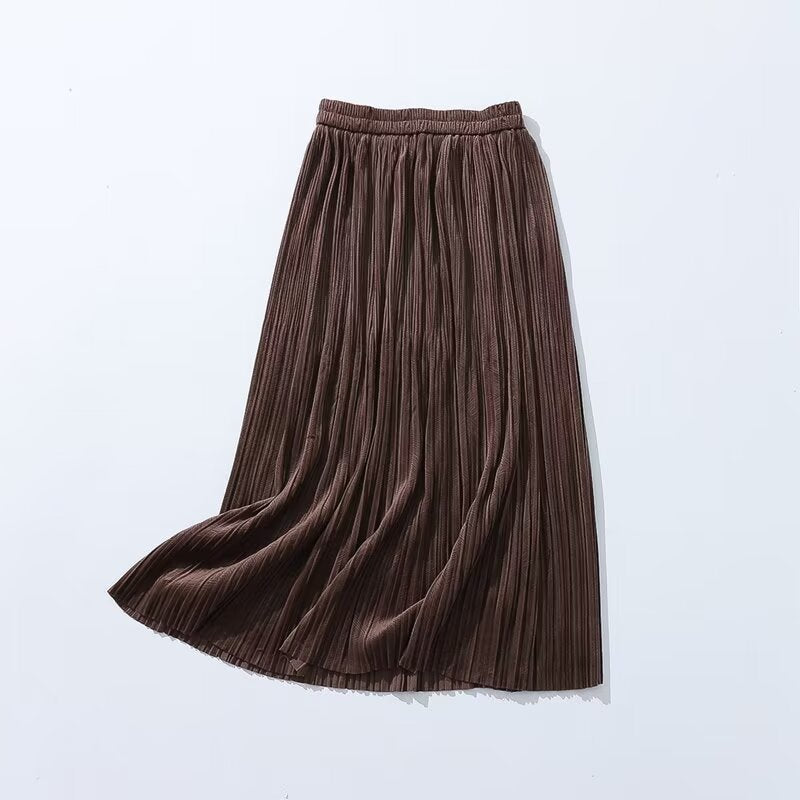 Autumn Velvet Texture Pleated Skirt Adult Lady like Woman High Waist Skirt Office Solid Color Long Skirt