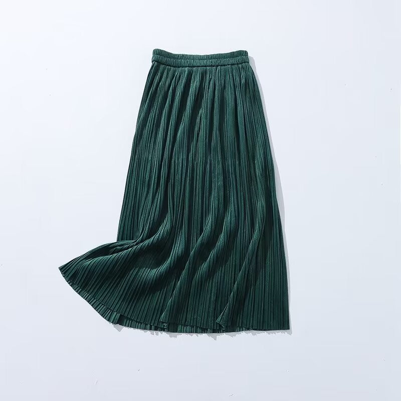 Autumn Velvet Texture Pleated Skirt Adult Lady like Woman High Waist Skirt Office Solid Color Long Skirt