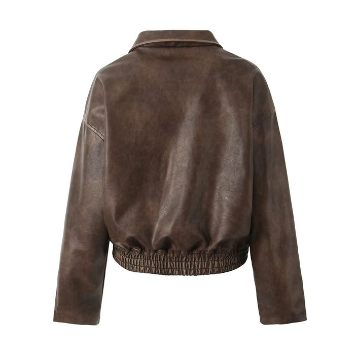 Spring Women Clothing Sexy Wipe Color Loose Leather Jacket Coat