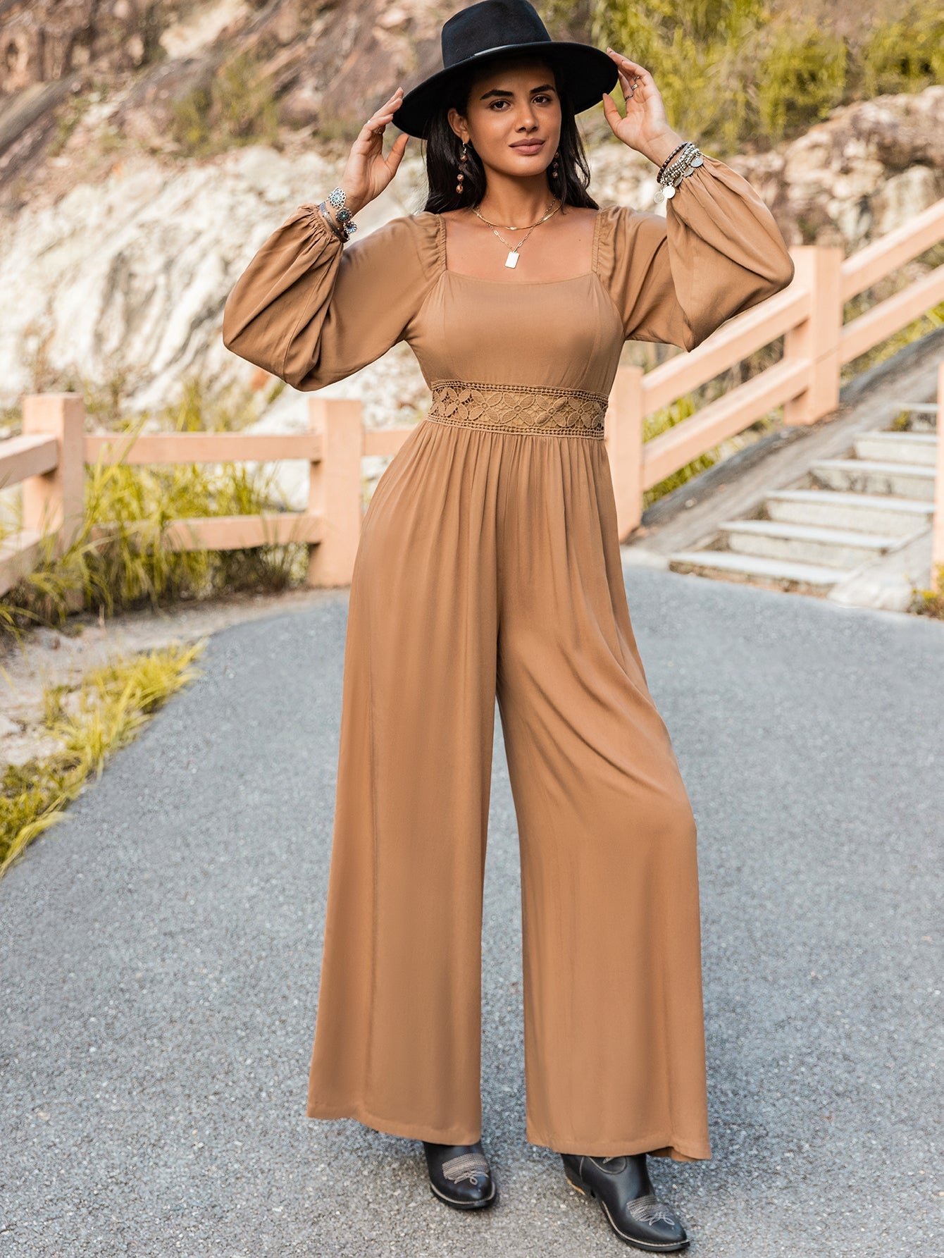 Autumn Winter Women Long Sleeve Trousers Jumpsuit Wide Leg Pants V neck Solid Color