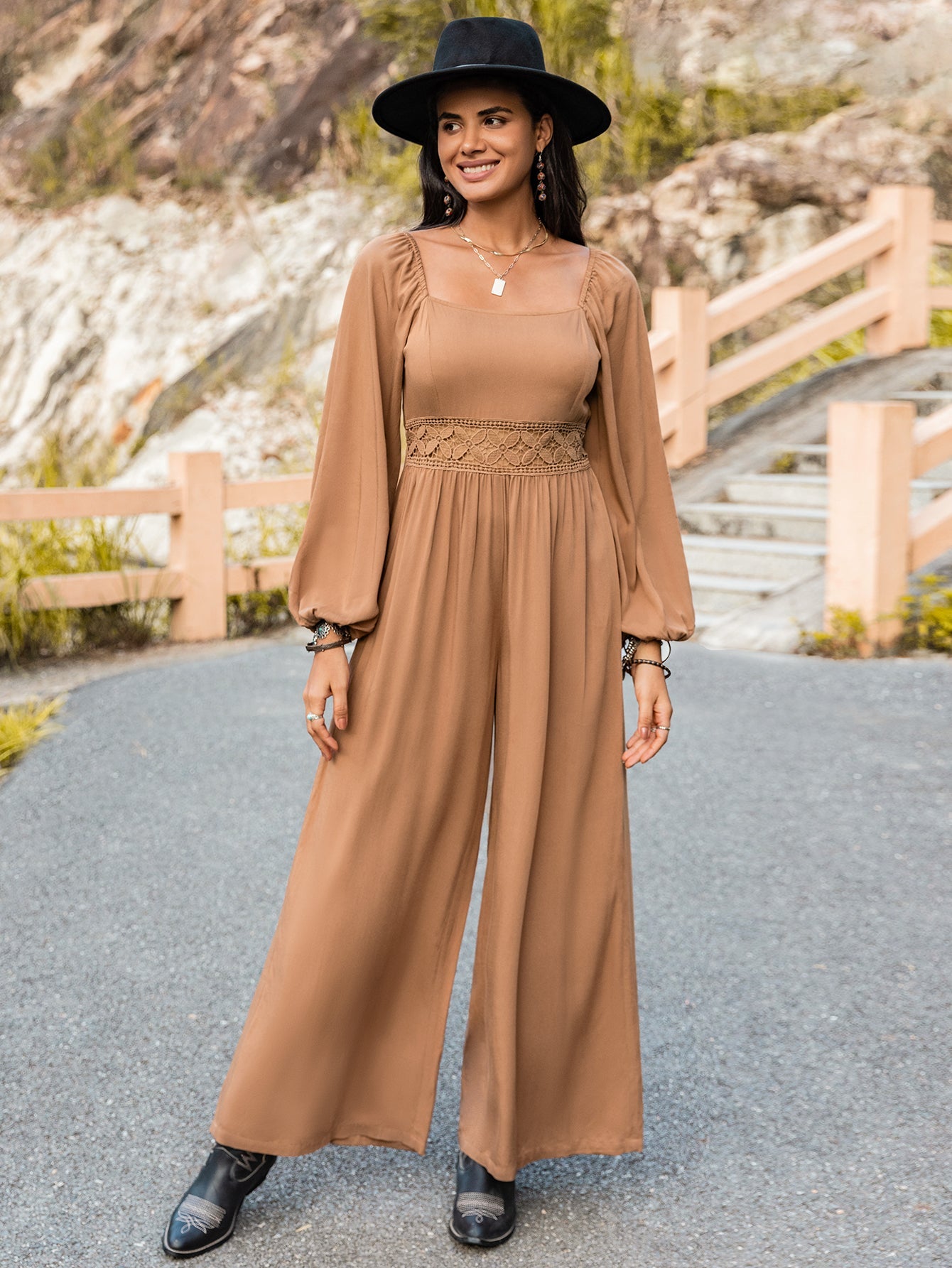 Autumn Winter Women Long Sleeve Trousers Jumpsuit Wide Leg Pants V neck Solid Color