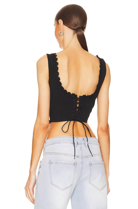 Summer Floral Lace Back Tied Slim Fit Short Solid Color Vest