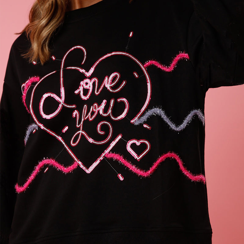 Spring Valentine Day Love Sequin Sweater Women Loose Round Neck Knitted Top