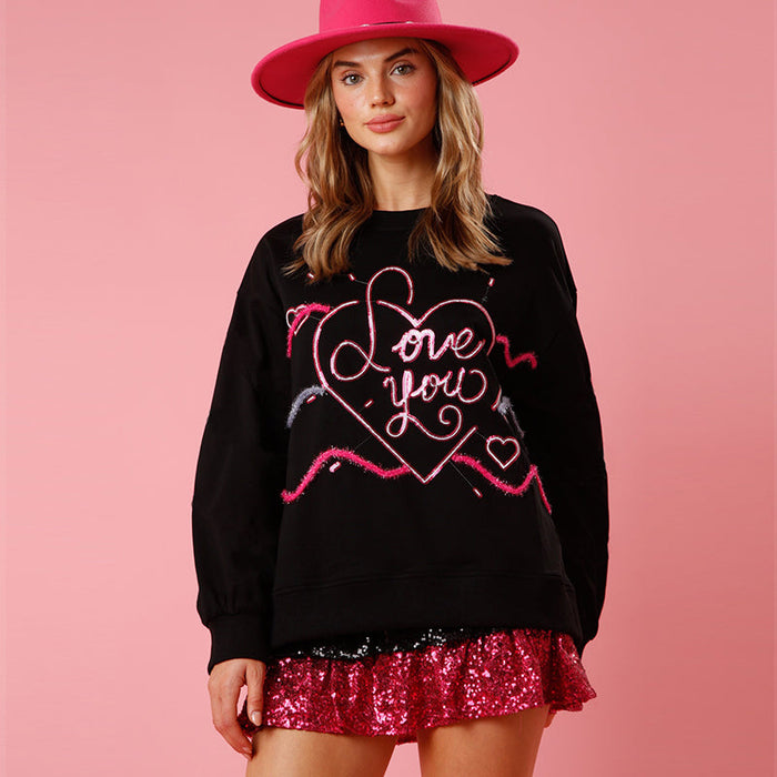 Spring Valentine Day Love Sequin Sweater Women Loose Round Neck Knitted Top