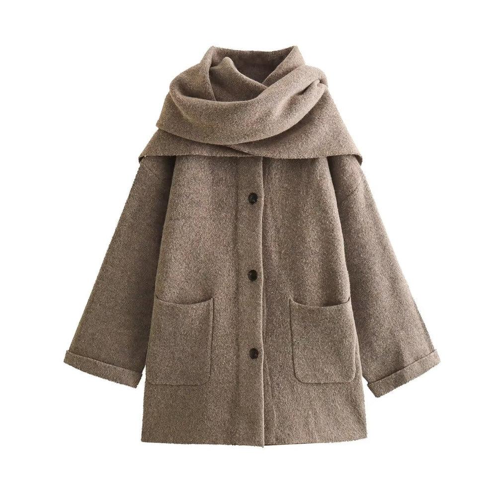 Autumn Winter Loose Thick Scarf Collar Mid Length Coat