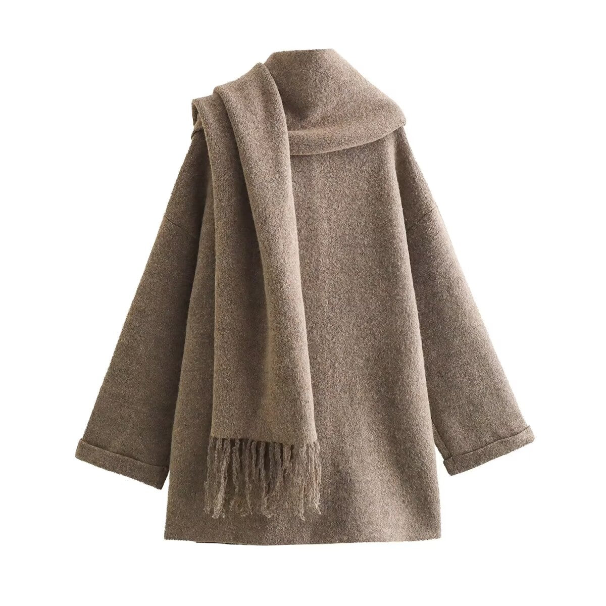 Autumn Winter Loose Thick Scarf Collar Mid Length Coat