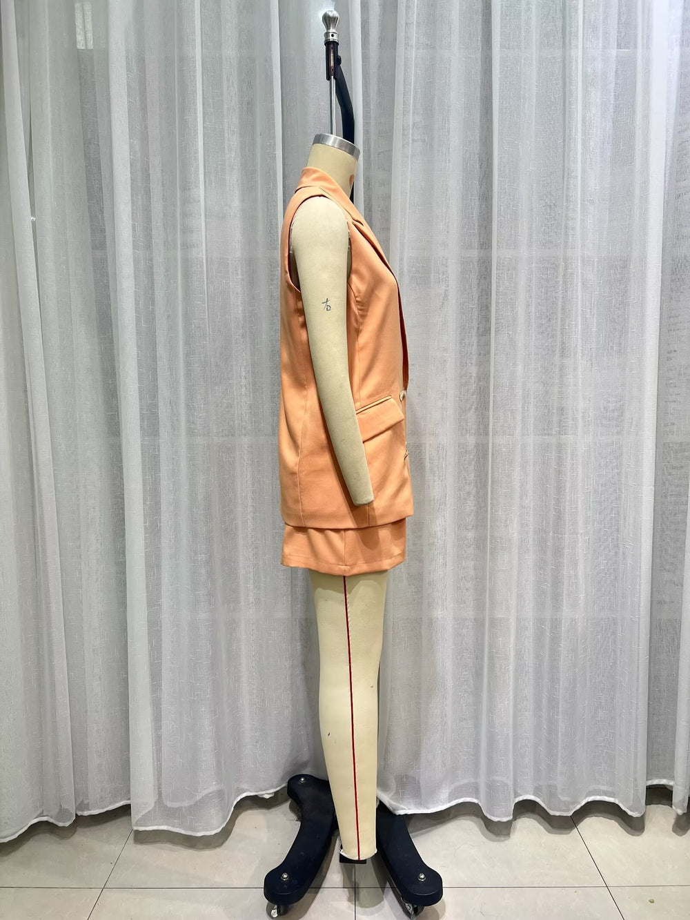 Women Autumn Suit Collar Mid Length Double Breasted Vest Jacket Set