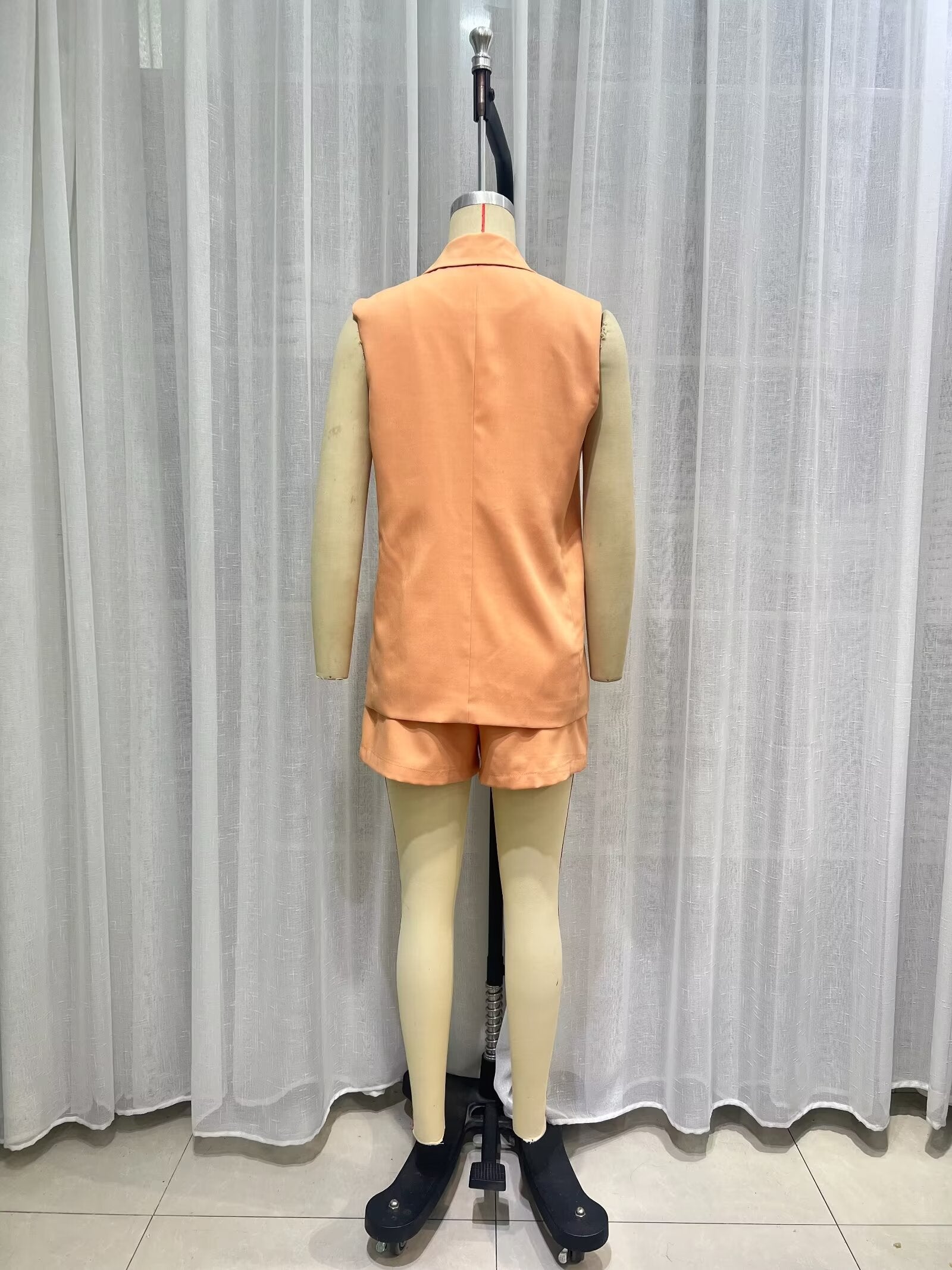 Women Autumn Suit Collar Mid Length Double Breasted Vest Jacket Set