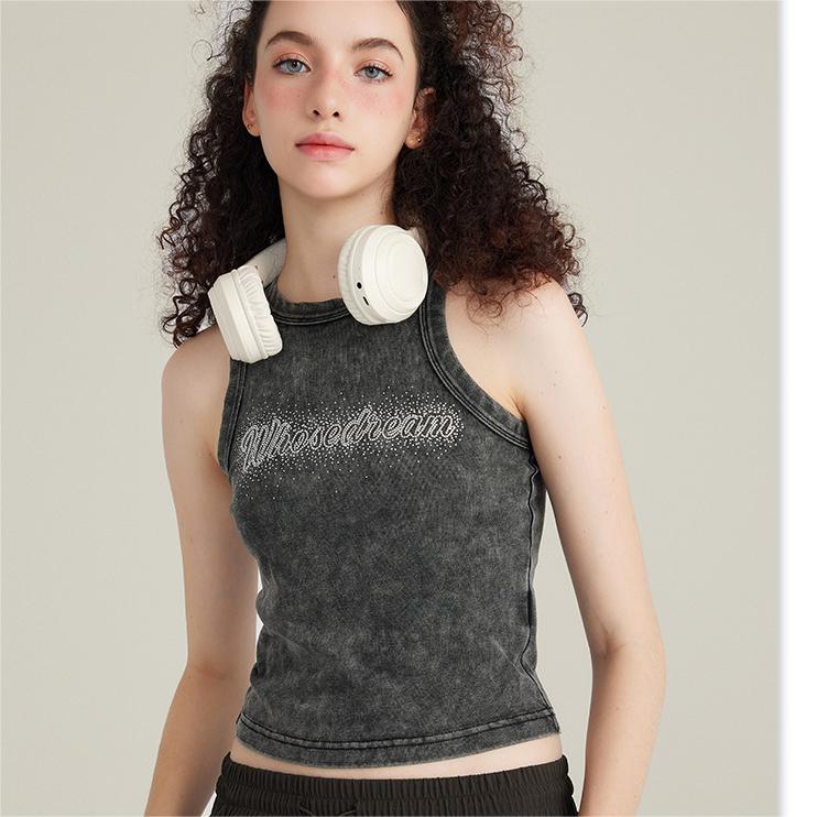 【MOQ-5 packs】 Women Clothing Spring Summer Washed Rhinestone Printing Shaped Sleeveless Vest Sexy Inner Wear