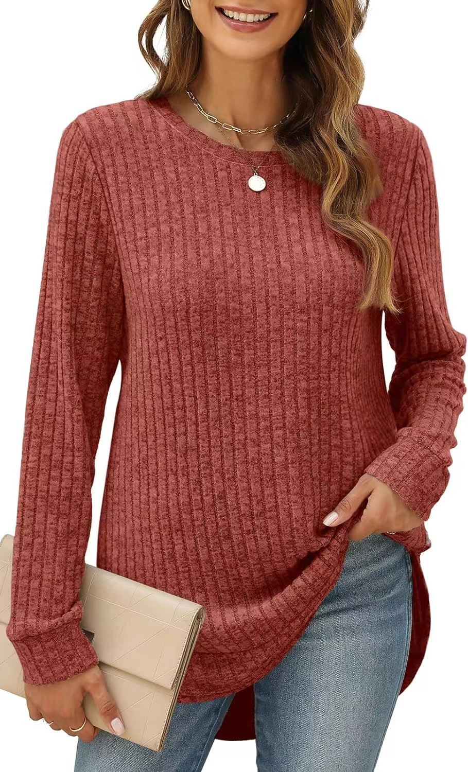 Autumn Winter Solid Color Round Neck Long Sleeve Brushed Loose Fitting T Shirt Top Women