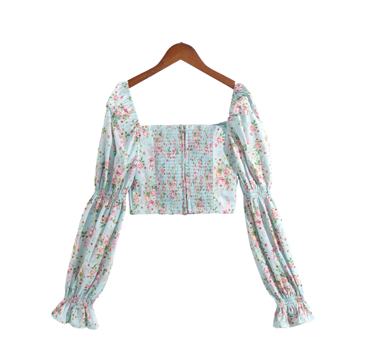 Early Spring Fresh Vacation Casual Sexy Square Neck Lotus Rhizome Node Long Sleeve Printed Shirt