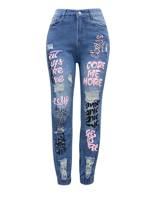 Ripped Jeans Women All Match Letter Graphic Printed Ankle Tied Trousers