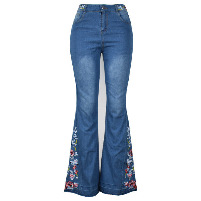 Women Jeans Embroidered Washed Flared Jeans Trousers