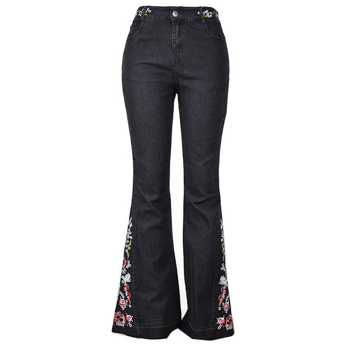 Women Jeans Embroidered Washed Flared Jeans Trousers