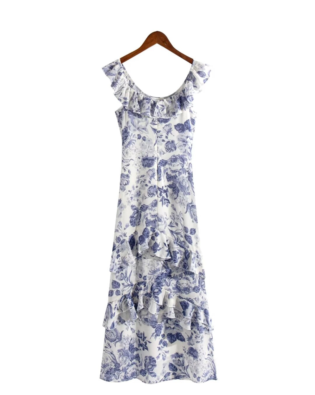 Spring Summer French Elegant Classical Printing Slip Dress Women Ruffled U Neck Maxi Dress