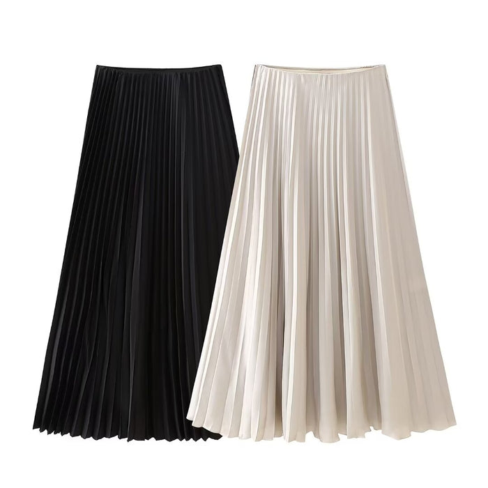 Spring Autumn Women Clothing All Matching Solid Color Silk Satin Texture Pleated Midi Skirt