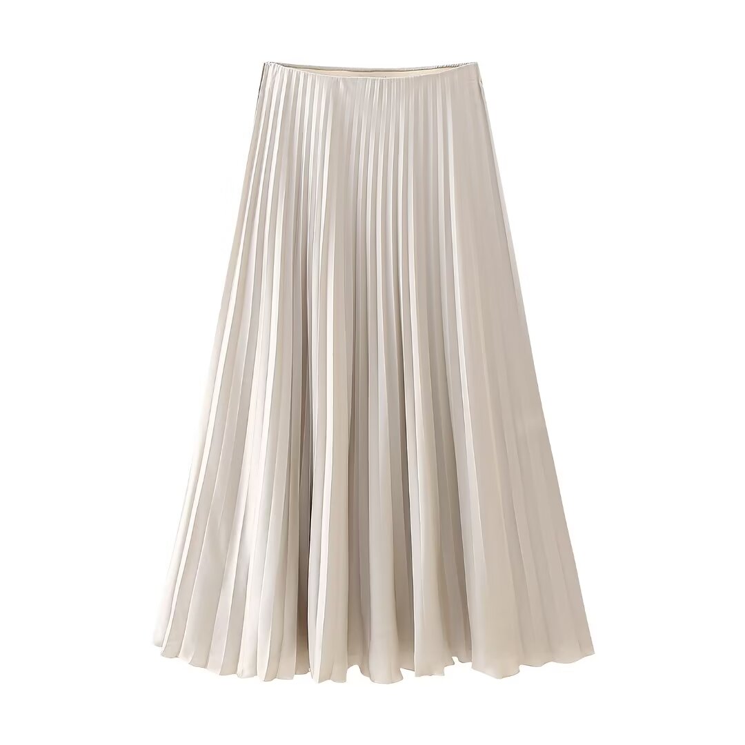 Spring Autumn Women Clothing All Matching Solid Color Silk Satin Texture Pleated Midi Skirt