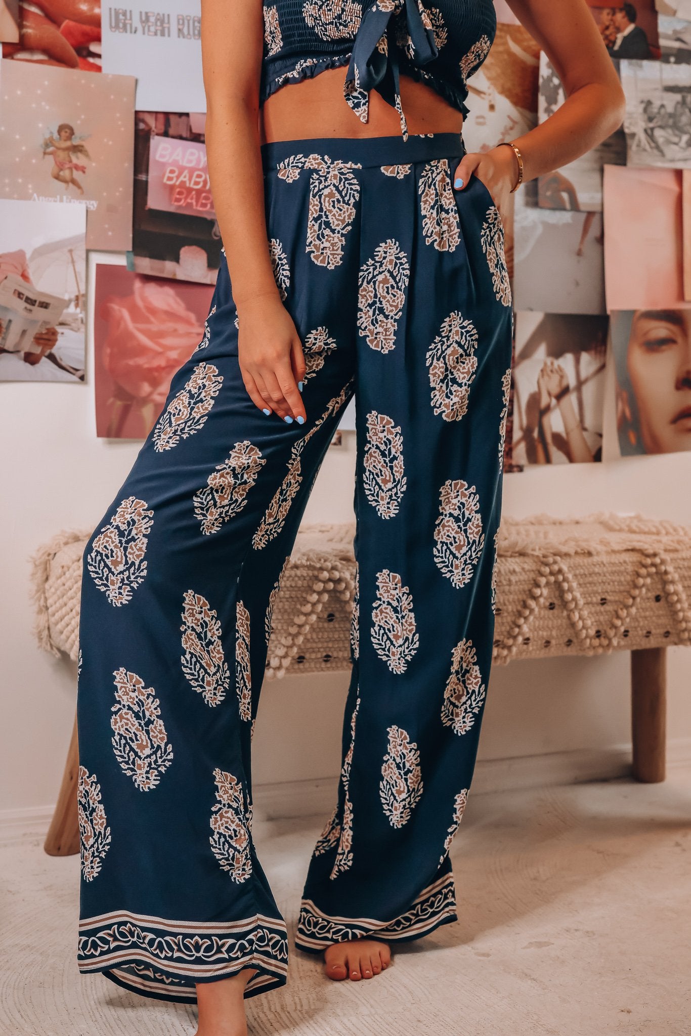Women Clothing Two Piece Bow Tank Top Printed Wide Leg Pants Thin Casual Pants