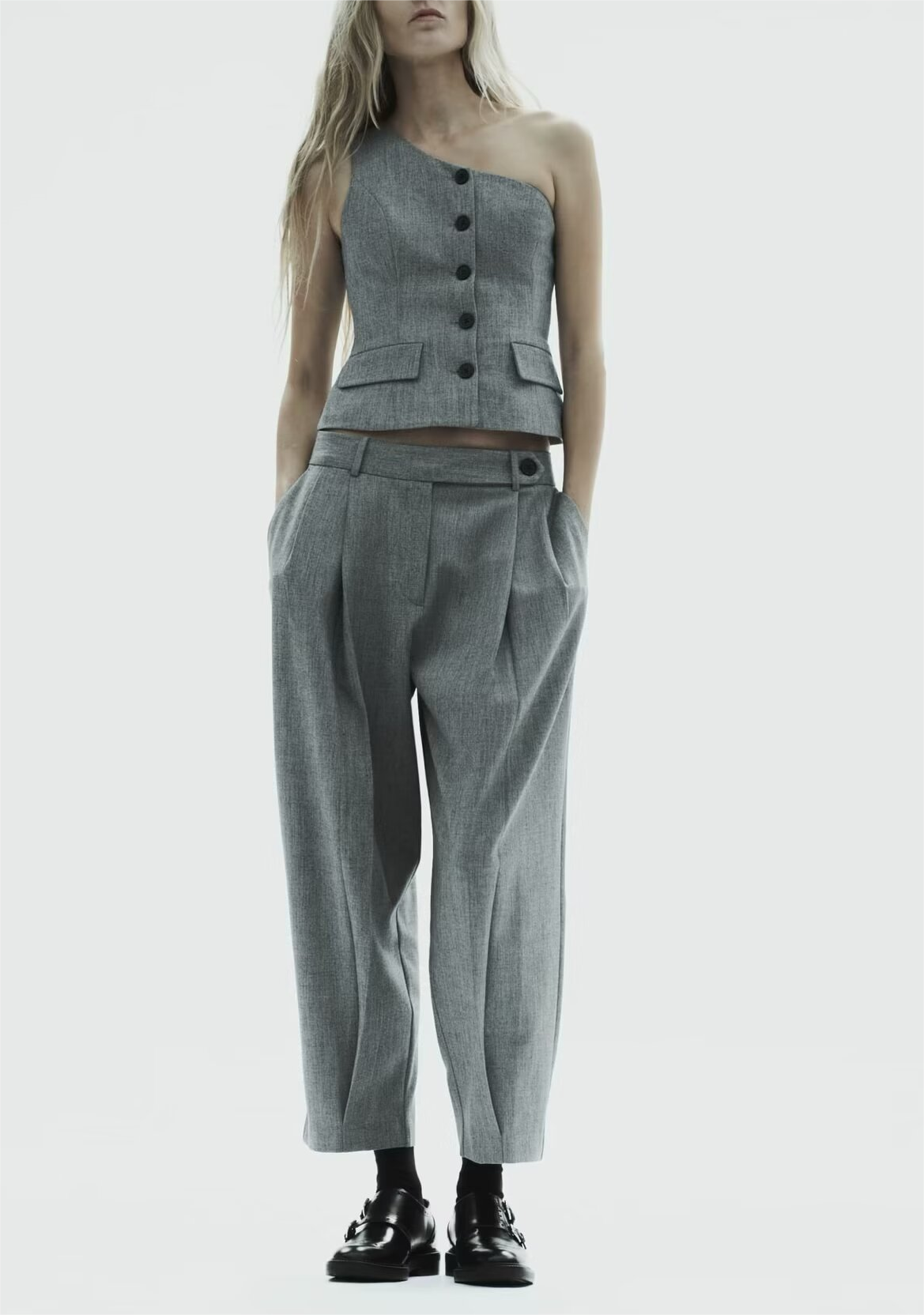 Women Asymmetric Vest Pleated Design Skinny Pant Set