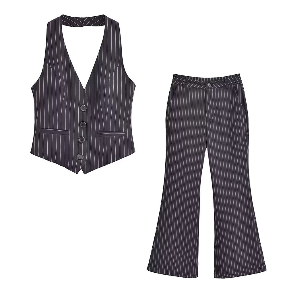 Winter Women Clothing Striped Suit Vest Casual Trousers Two Piece Suit