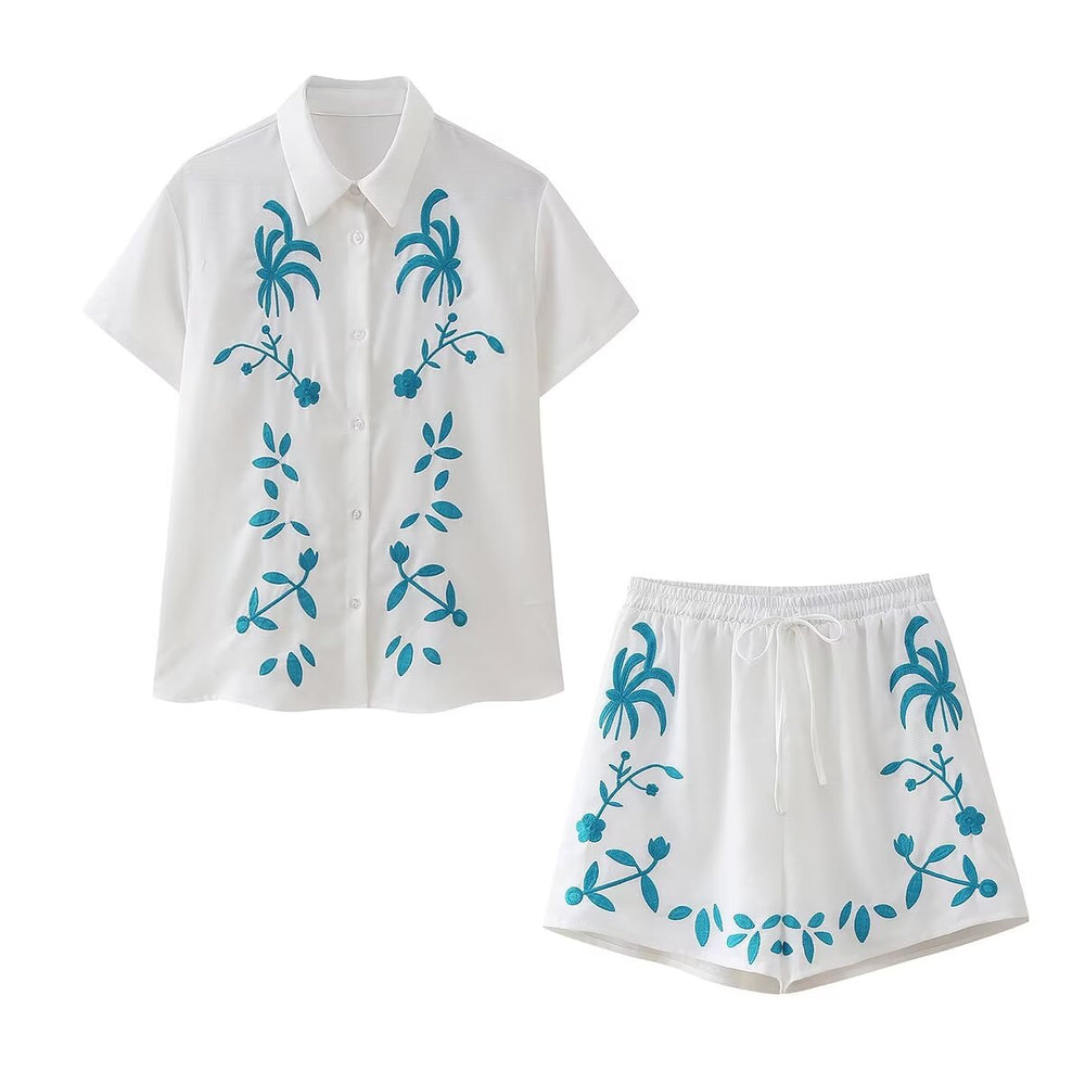 Women Clothing Fashionable Embroidered Short Sleeved Shirt Pull out Shorts Two Piece Set