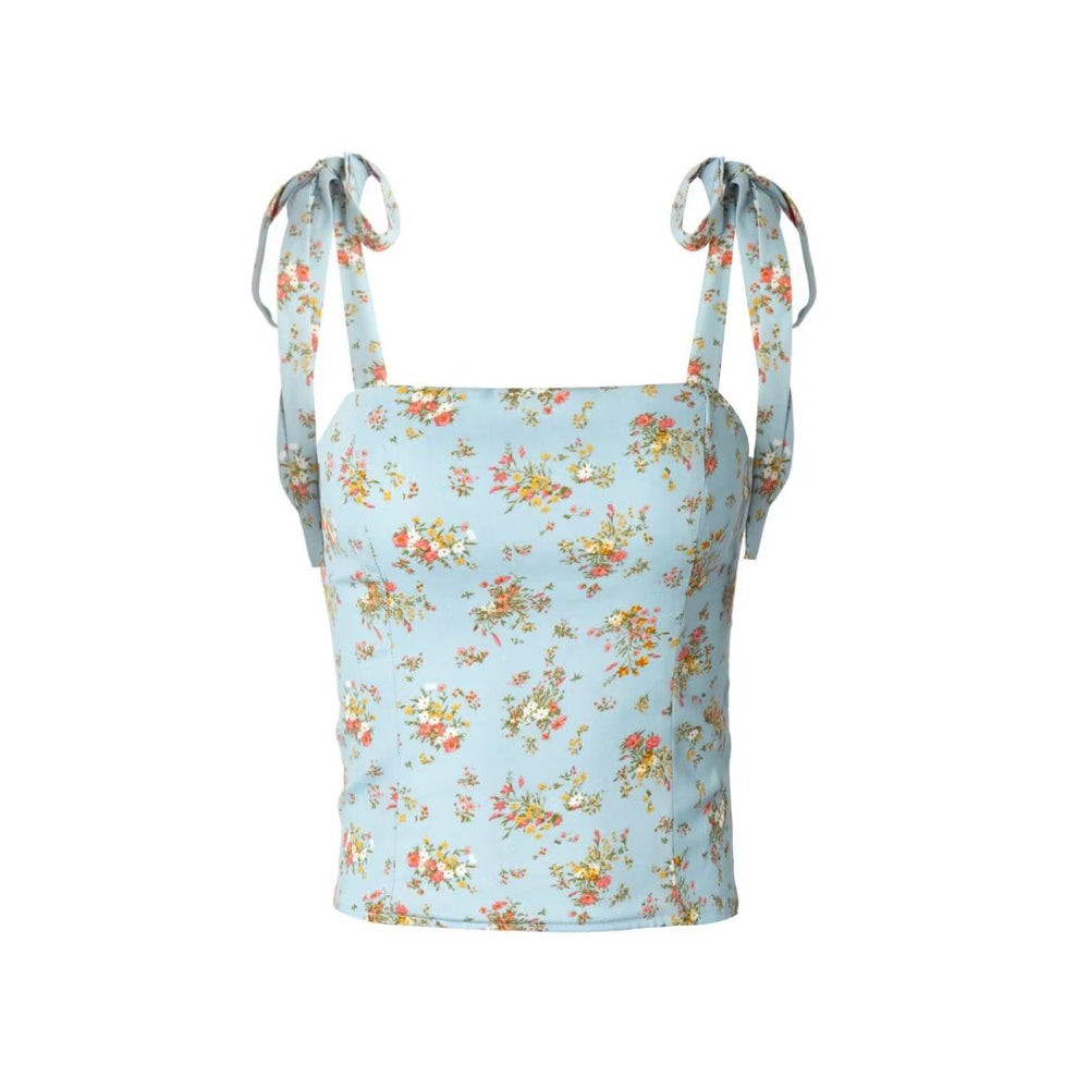 Women Clothing Summer French Floral Print Short Small Sling Women Bow Tie Vacation Vest Top