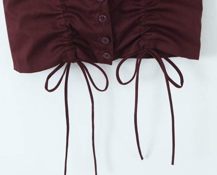 French Square Collar Short Sleeve Lace up Cropped Outfit Single Breasted Puff Sleeve Shirt High Waist Mid Length Skirt Sexy Suit