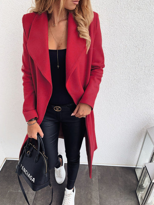 Popular Solid Color Polo Collar Mid-length Lace-up Woolen Coat Trench Coat For Women