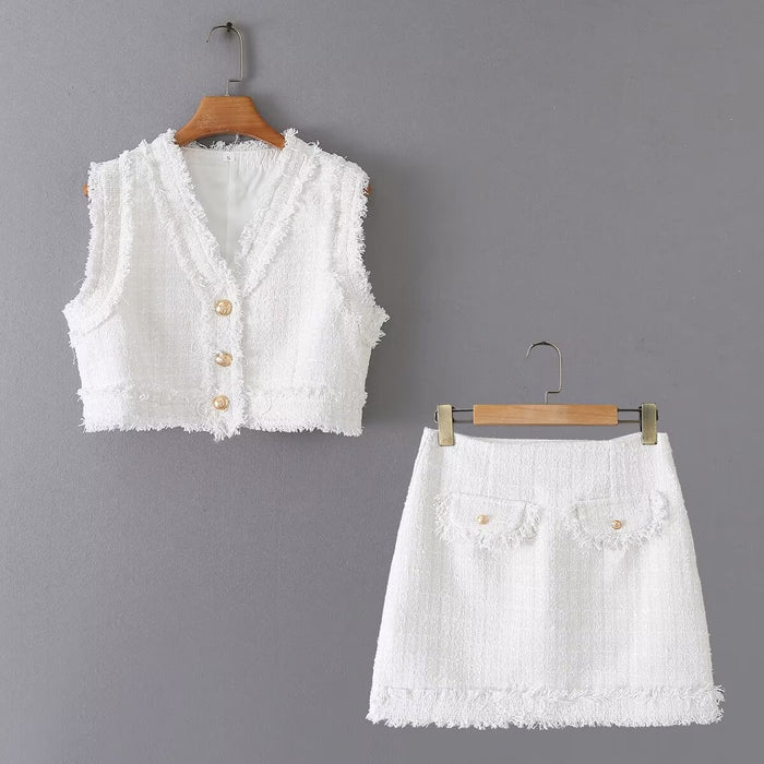 Summer Women Clothes Woolen Short Top Skirt Set