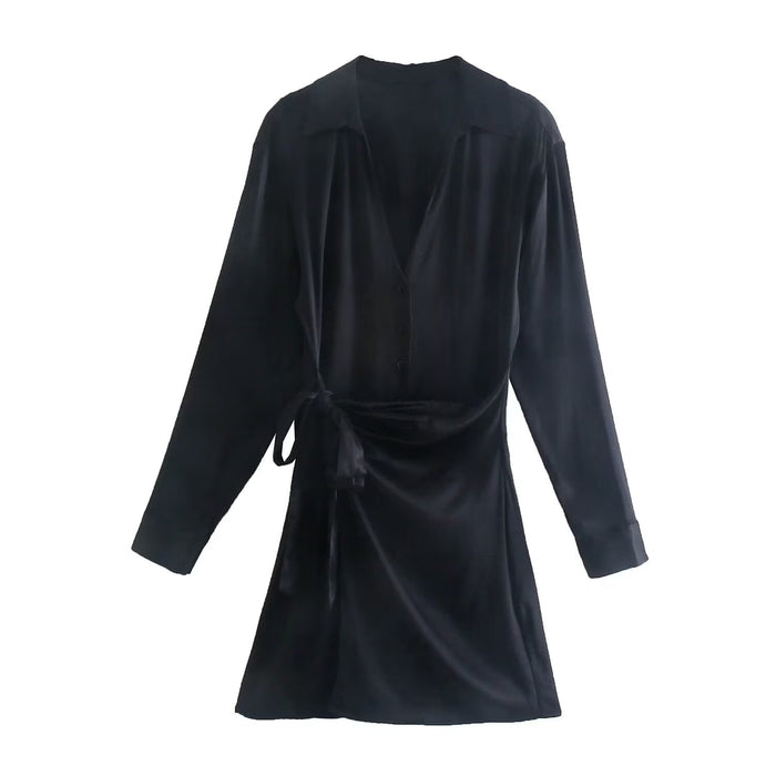 Women Clothing French Minority Silk Satin Texture V neck Long Sleeve Dress