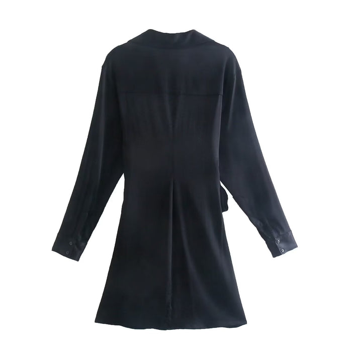 Women Clothing French Minority Silk Satin Texture V neck Long Sleeve Dress